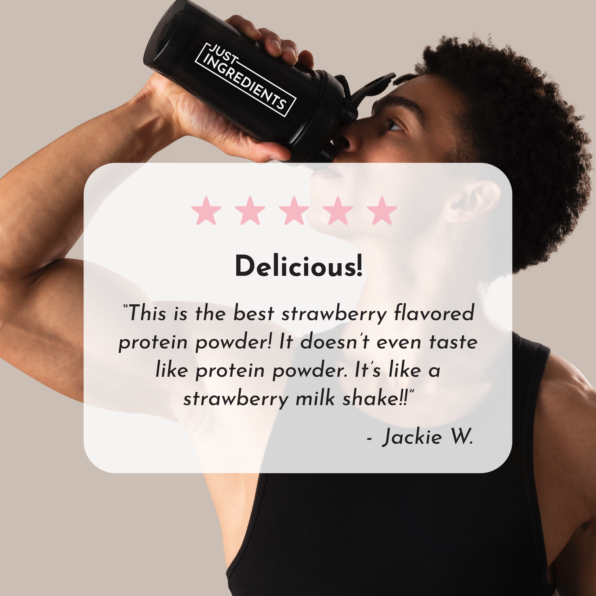 A person in a black tank top drinks from a shaker bottle with a label, featuring a quote about strawberry protein powder.