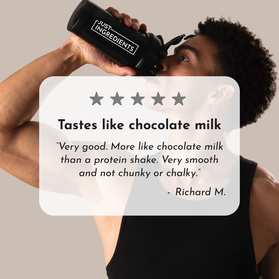 Person holding a black shaker bottle, wearing a sleeveless top, with a light background and text overlay of a review.
