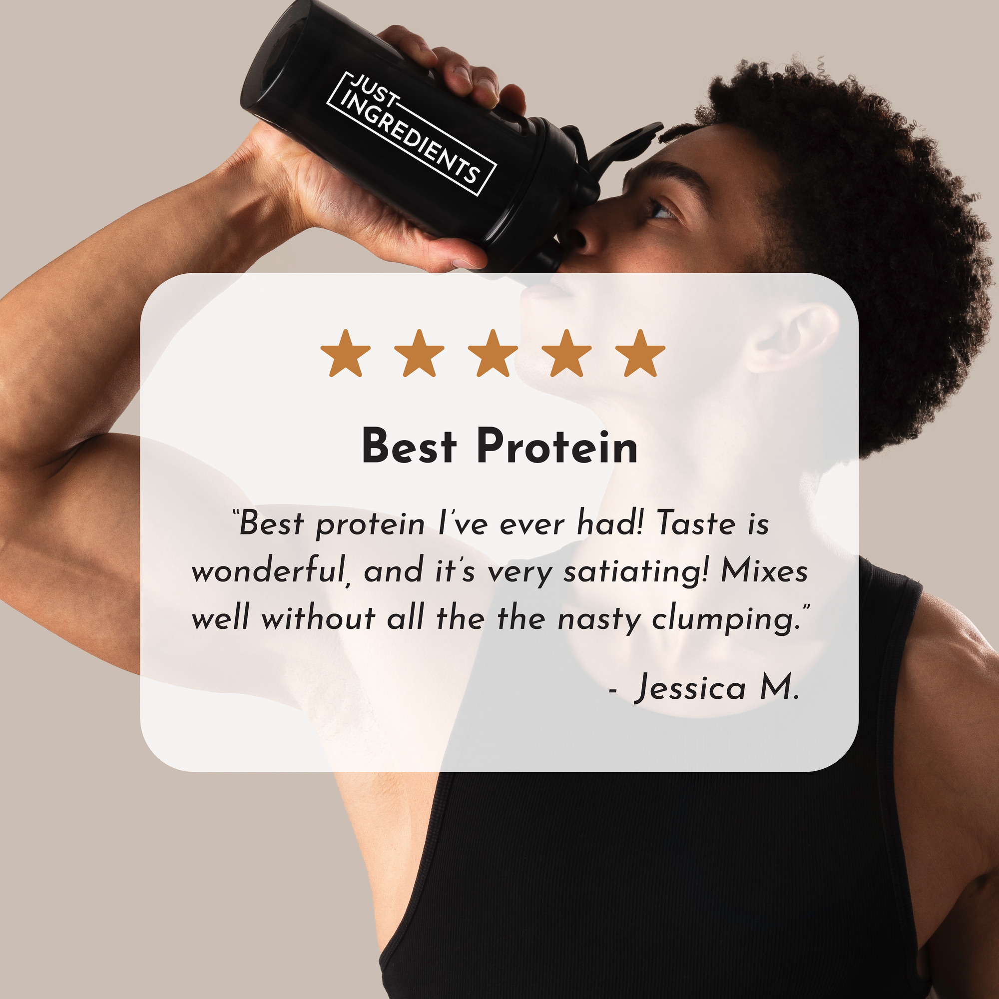 Person drinking from a black shaker bottle, wearing a black tank top, with a light background.