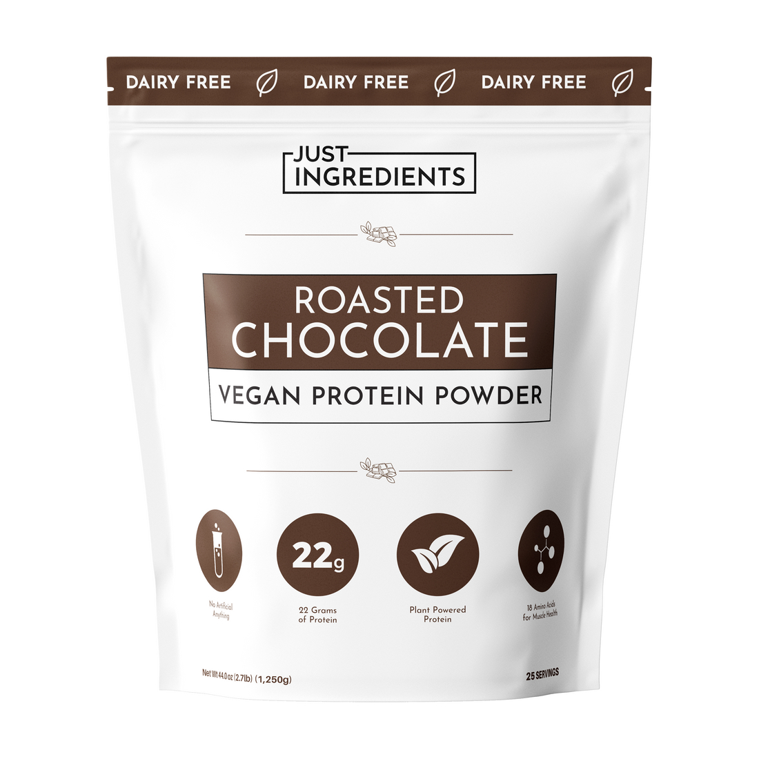 White pouch of vegan roasted chocolate protein powder with nutritional information and branding details.