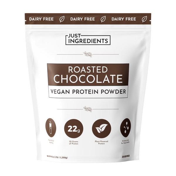 White pouch of vegan roasted chocolate protein powder with nutritional information and branding details.