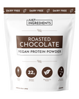 White pouch of vegan roasted chocolate protein powder with nutritional information and branding details.