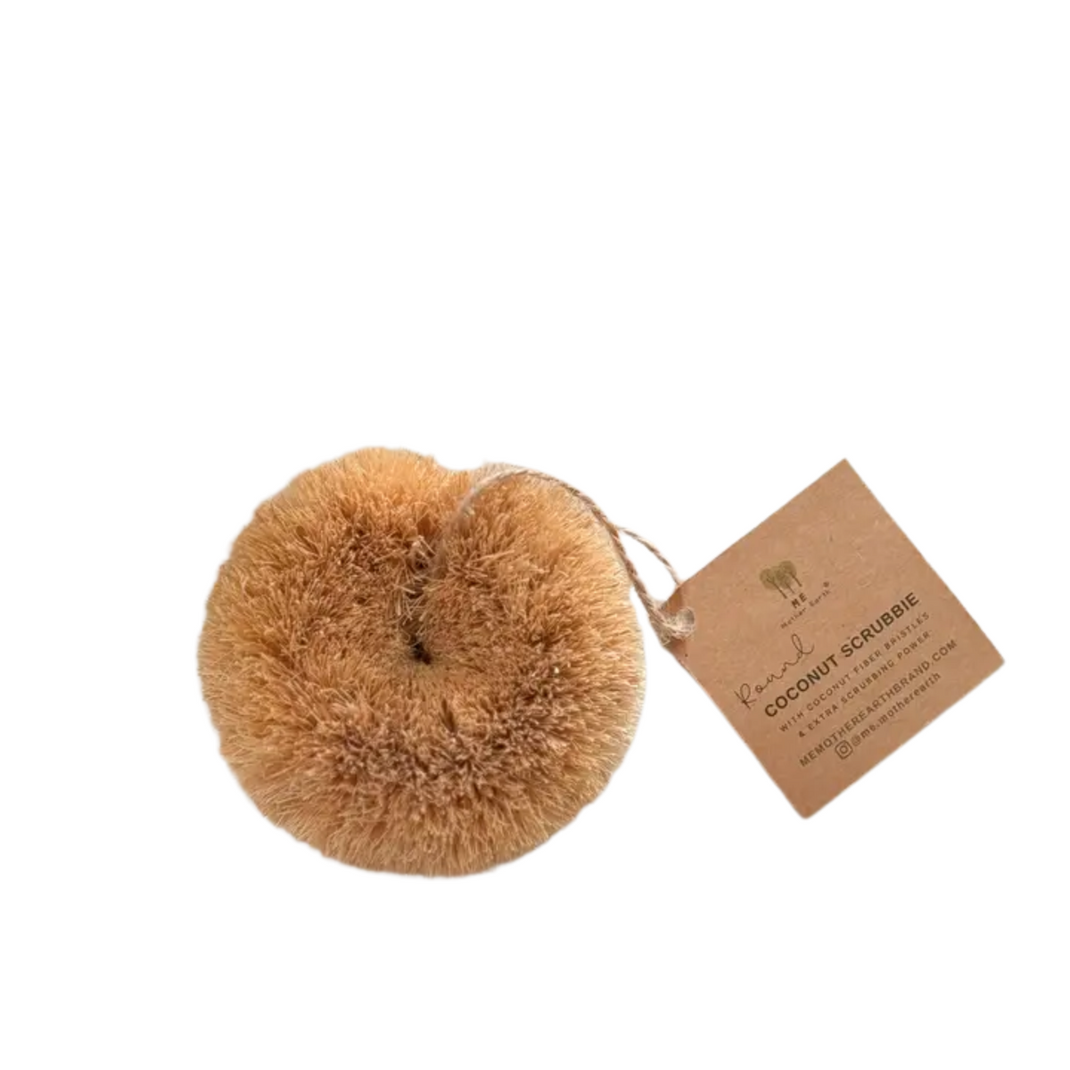 White background with a round scrubbie for washing dishes with a brown tag