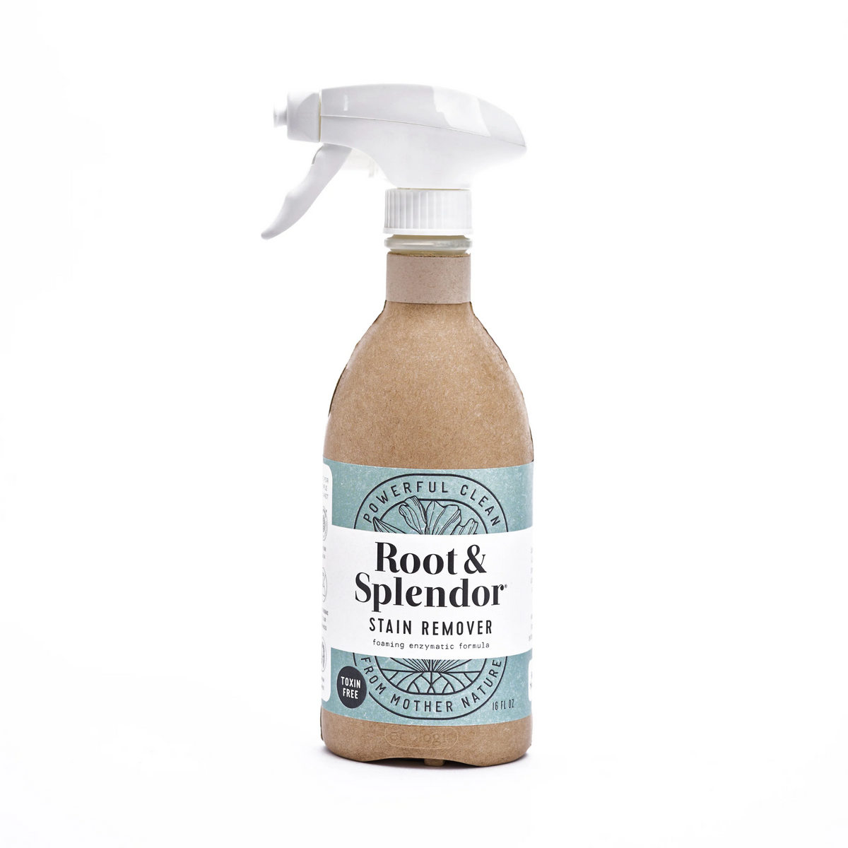 White background with white and brown spray bottle with blue and white label