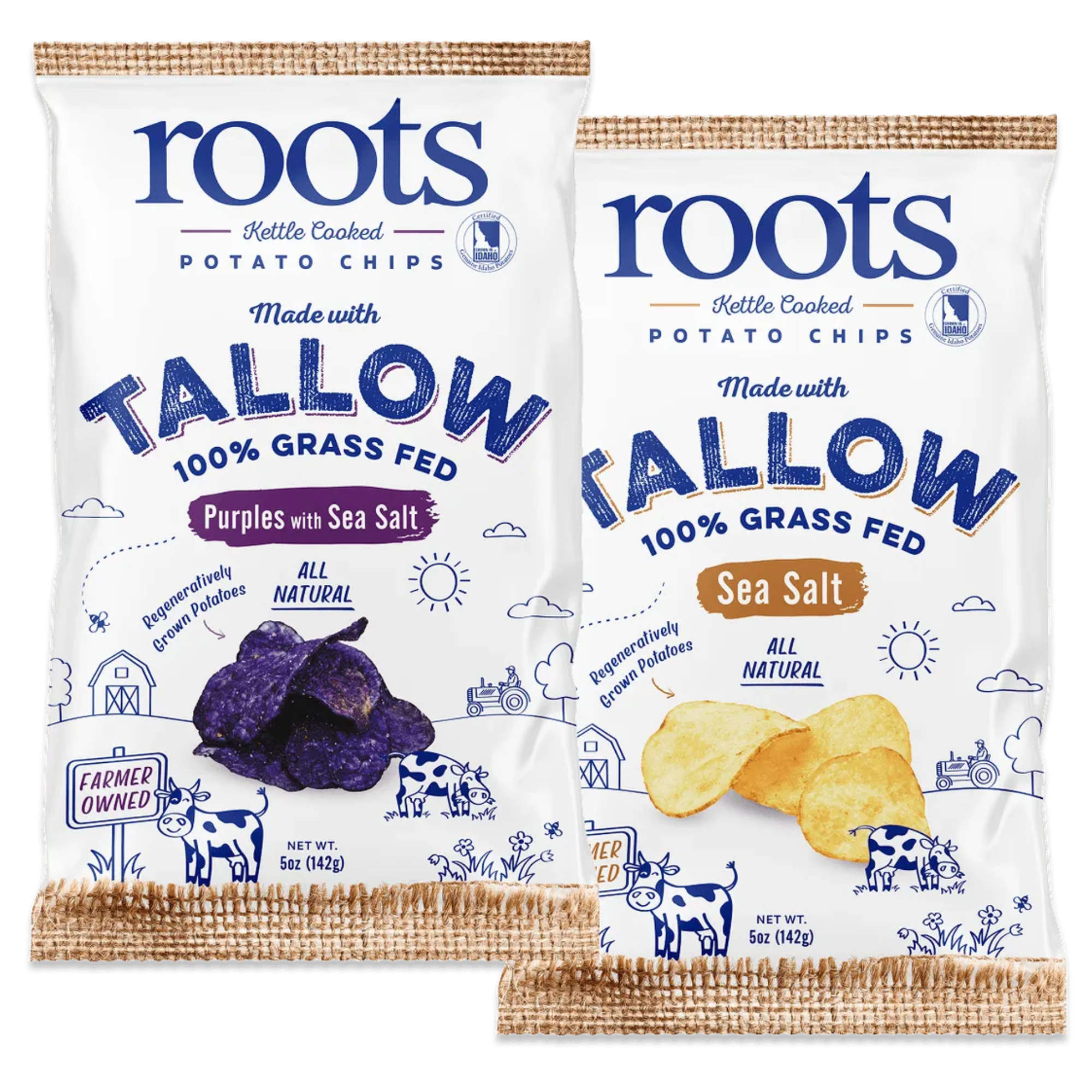 Two bags of kettle-cooked potato chips, one purple with sea salt and one plain sea salt, both labeled as made with tallow.