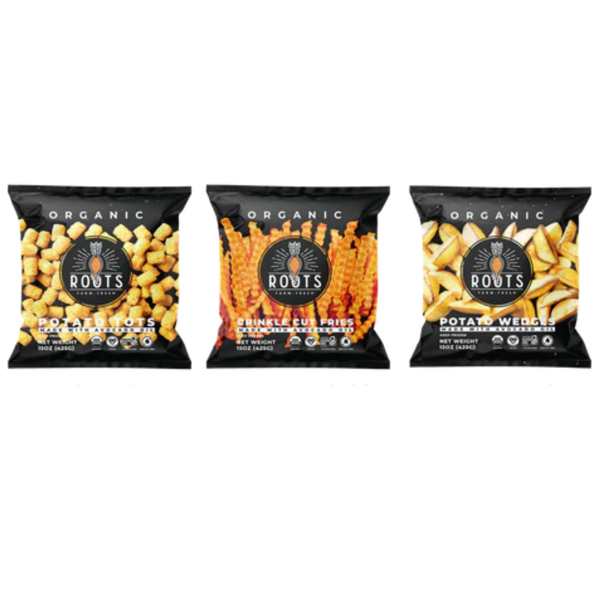 Three bags of frozen organic potato products: tots, crinkle cut fries, and potato wedges, each 15 oz.