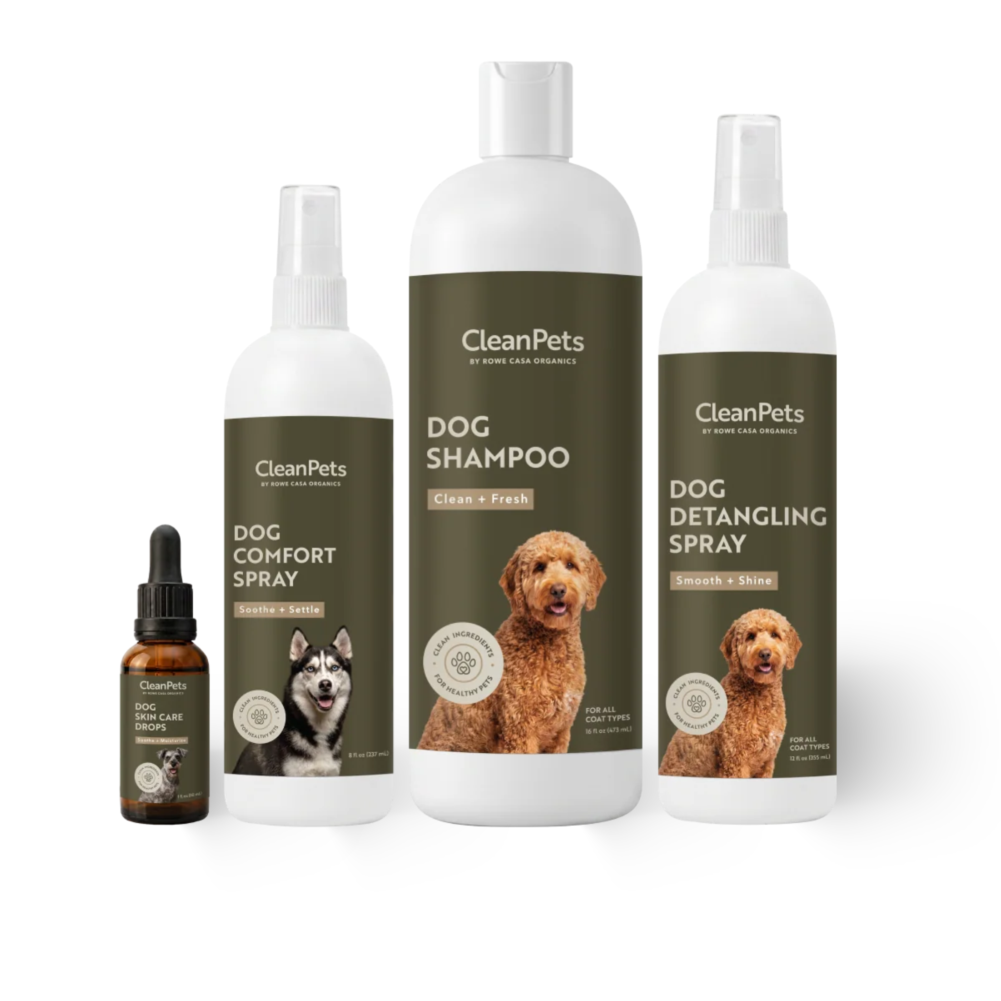 CleanPets dog grooming kit featuring a large bottle of dog shampoo, a smaller bottle of dog comfort spray, a large bottle of dog detangling spray, and a small dropper bottle of oil, all with olive green labels and a white poodle photo, on a white background.