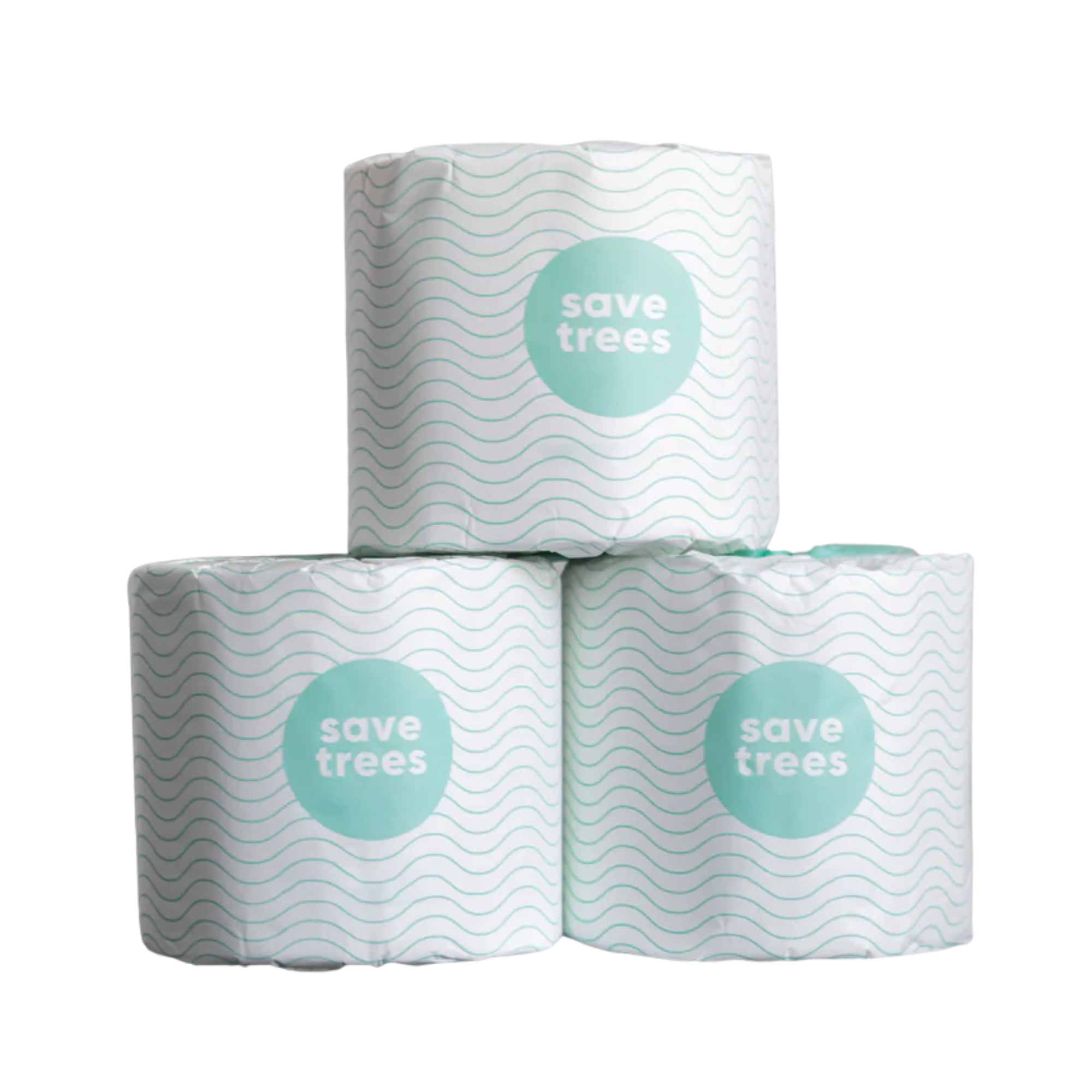 Three rolls of bamboo toilet paper with a light green and white wavy pattern and "save trees" printed on each roll.
