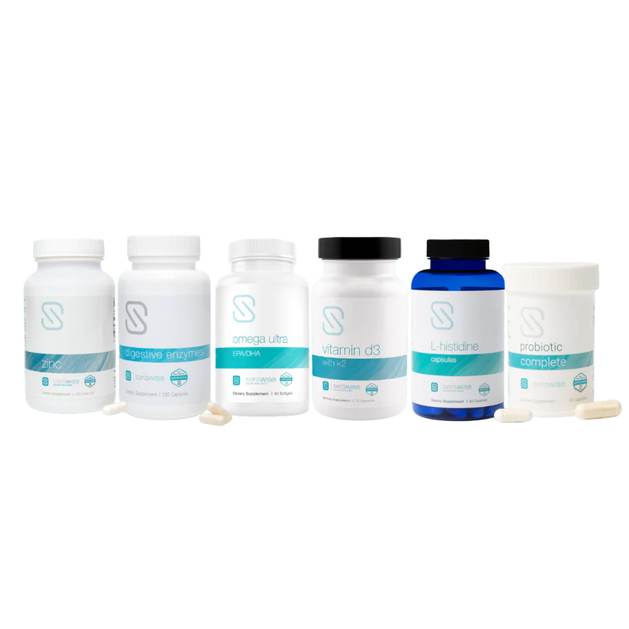 Six supplement bottles from the brand S-Systems arranged in a row on a white background. The products include various powders and a blue bottle of creatine, with a few capsules scattered in front of them.