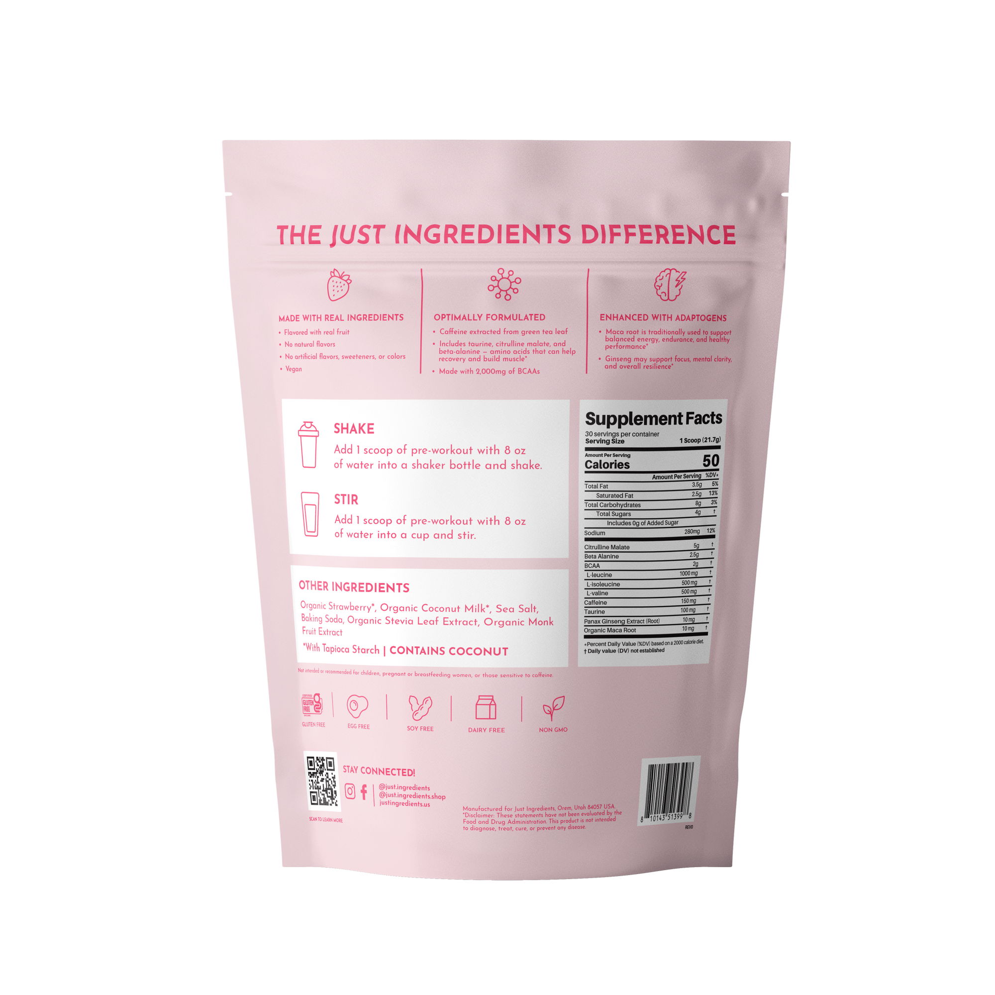 Pink powder pouch with "The Just Ingredients Difference" header, shake and stir instructions, Supplement Facts label, and ing