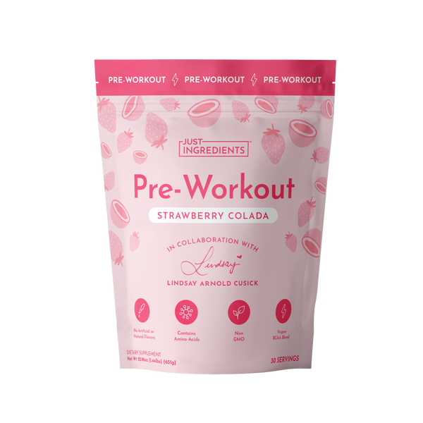 Pink pouch of Strawberry Colada Pre-Workout showing strawberries and coconut, labeled 30 servings.