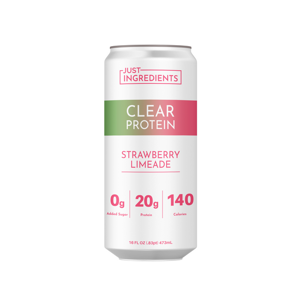 Clear protein drink can featuring strawberry limeade flavor, 20g protein, 0g added sugar, and 140 calories.