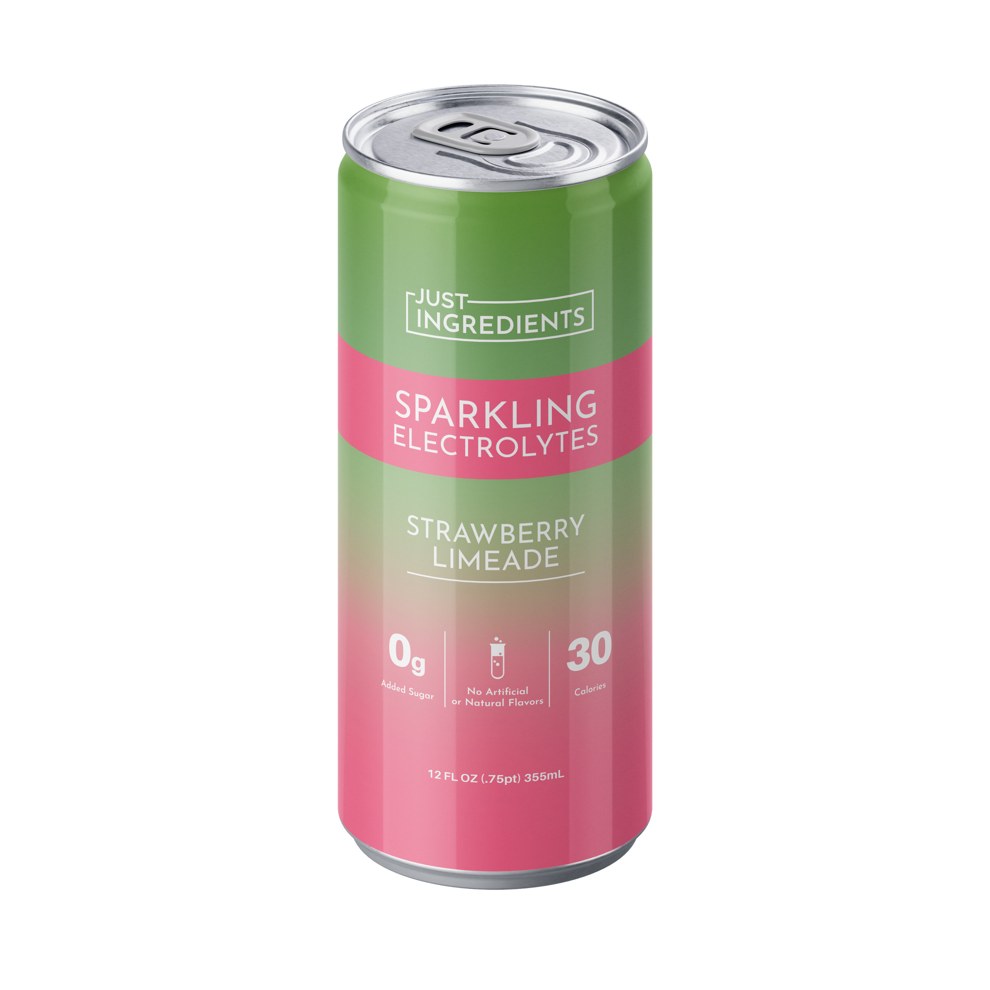 Can of Strawberry Limeade Sparkling Electrolytes with green and pink design, 12 fl oz, 0g added sugar, 30 calories.
