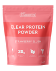 Pink packaging for Strawberry Slush Clear Protein Powder, featuring product details and serving information.