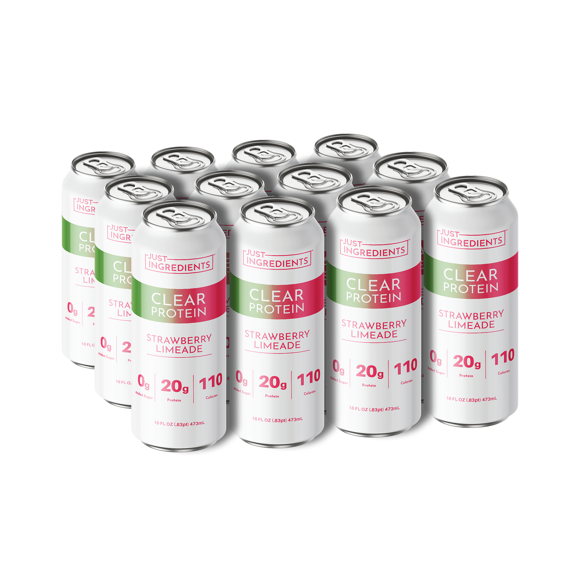 Twelve cans of clear protein drink in strawberry limeade flavor, featuring nutritional information on the labels.