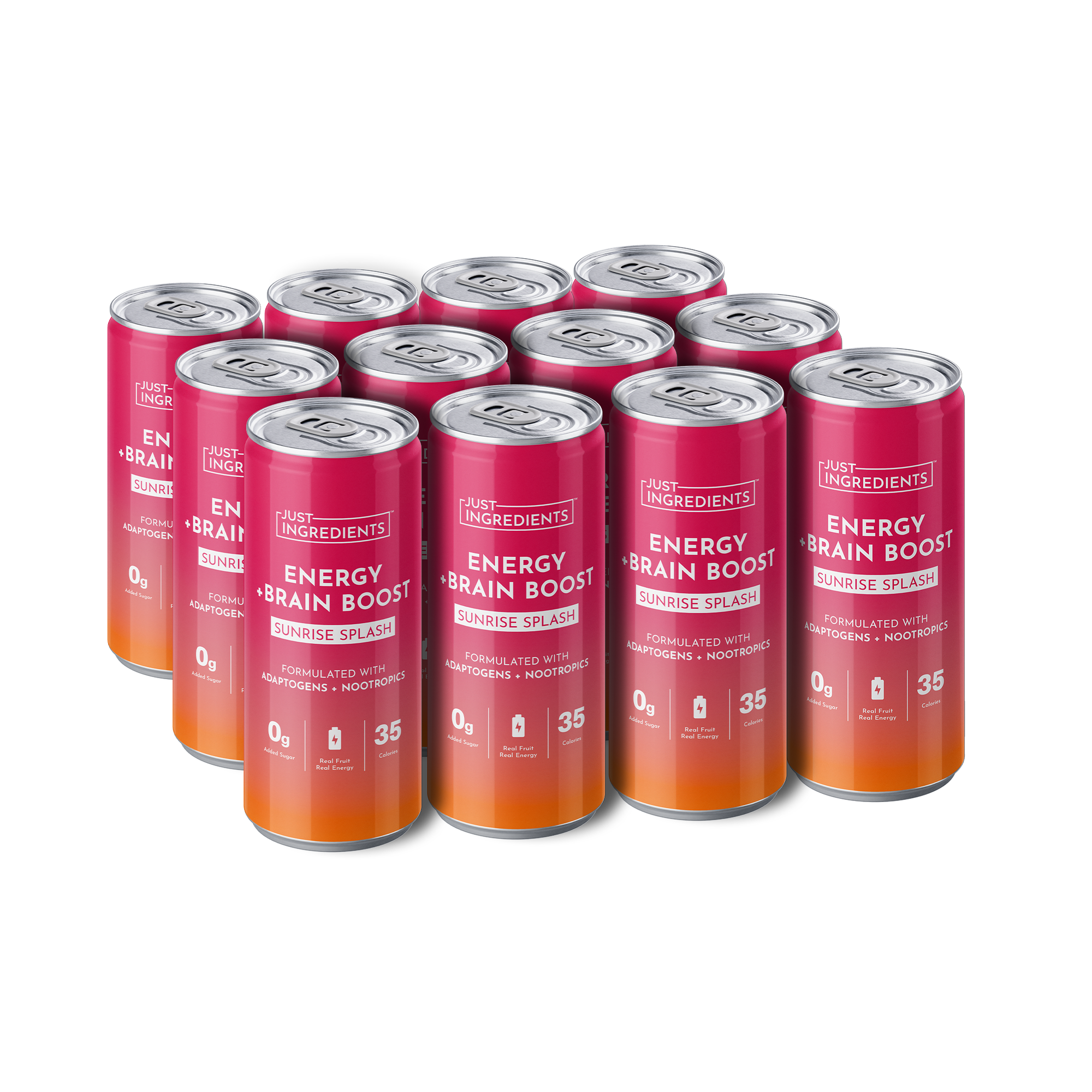 Twelve cans of Sunrise Splash Energy + Brain Boost, featuring a pink and orange design with nutritional information.