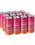 Twelve cans of Sunrise Splash Energy + Brain Boost, featuring a pink and orange design with nutritional information.