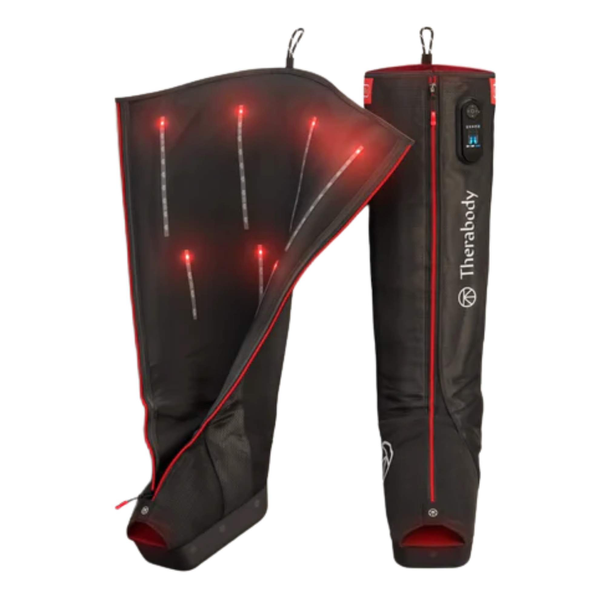 Black compression boots with red accents, featuring LED indicators and a control panel on the side.