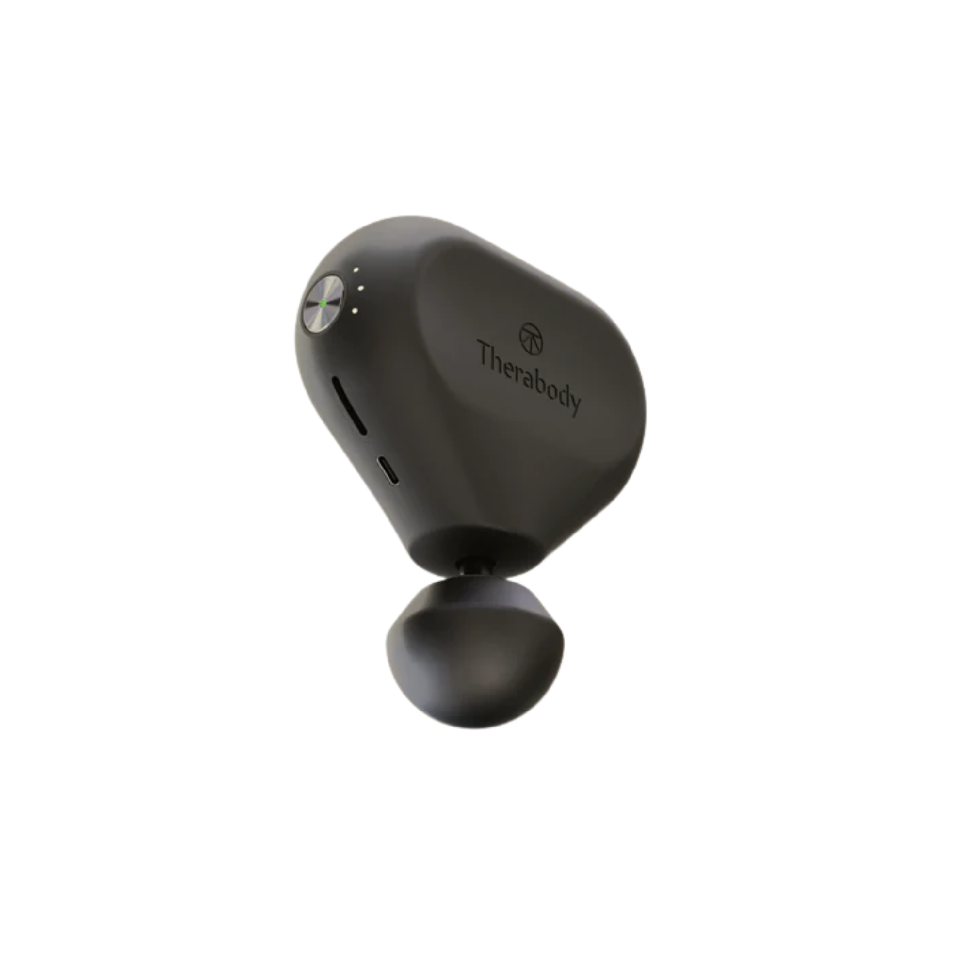 Compact black handheld massage device with a round attachment and control buttons.