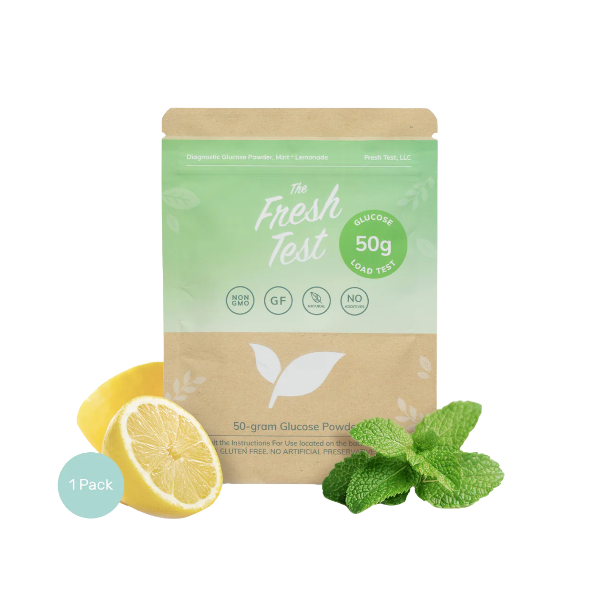 Glucose powder package with mint and lemon, labeled "The Fresh Test," containing 50 grams.