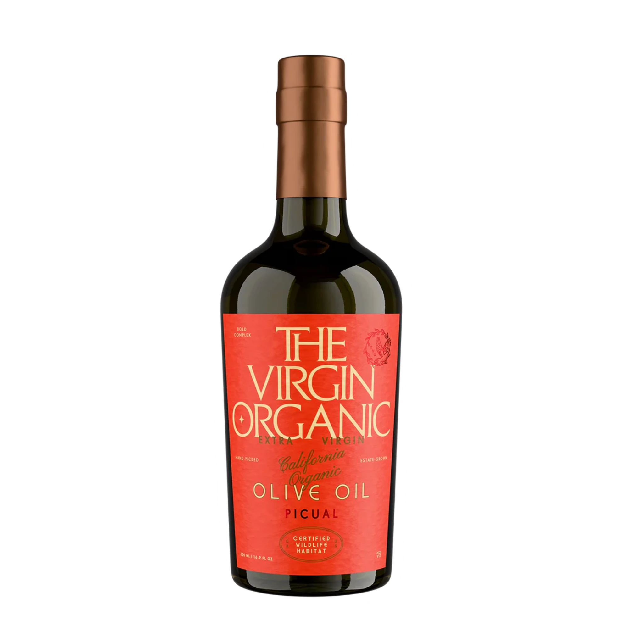 Dark glass bottle of olive oil with a red label, featuring the text "THE VIRGIN ORGANIC" and "California Organic."