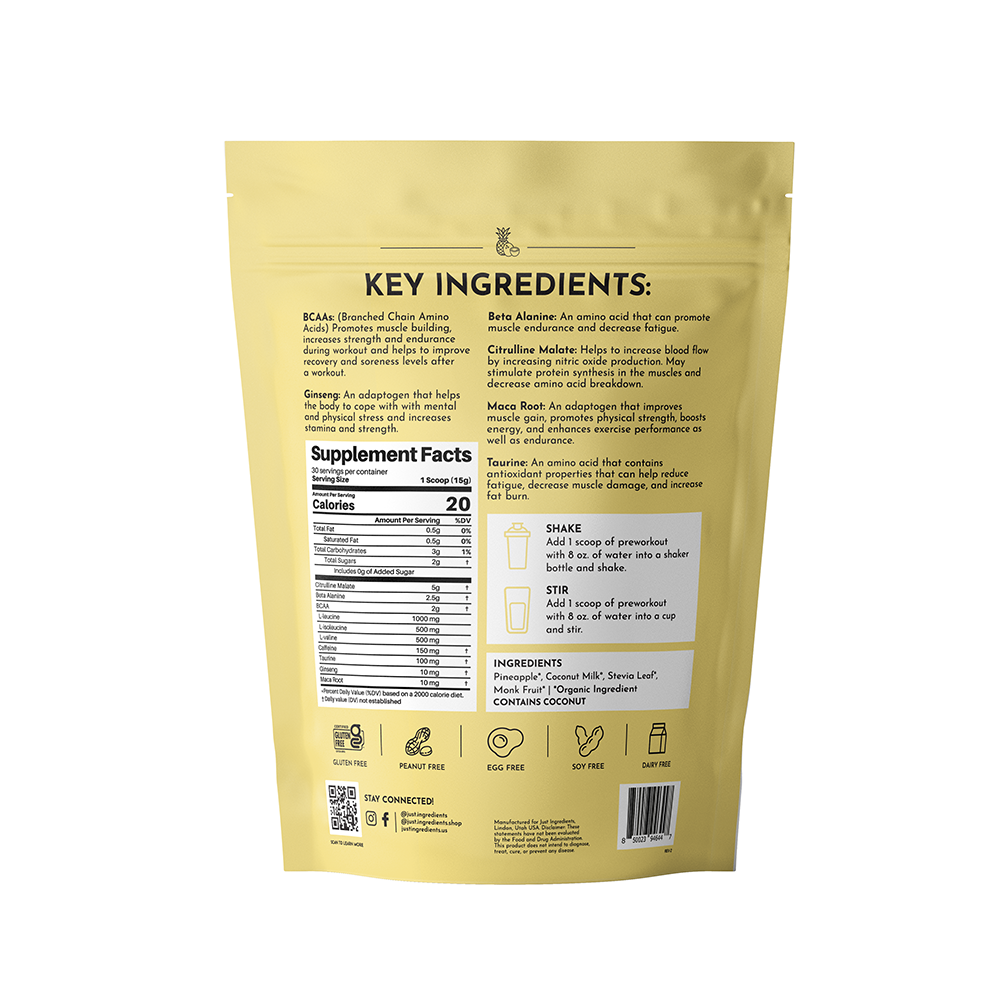 Yellow pouch with key ingredients, supplement facts label, and preparation instructions printed on back.