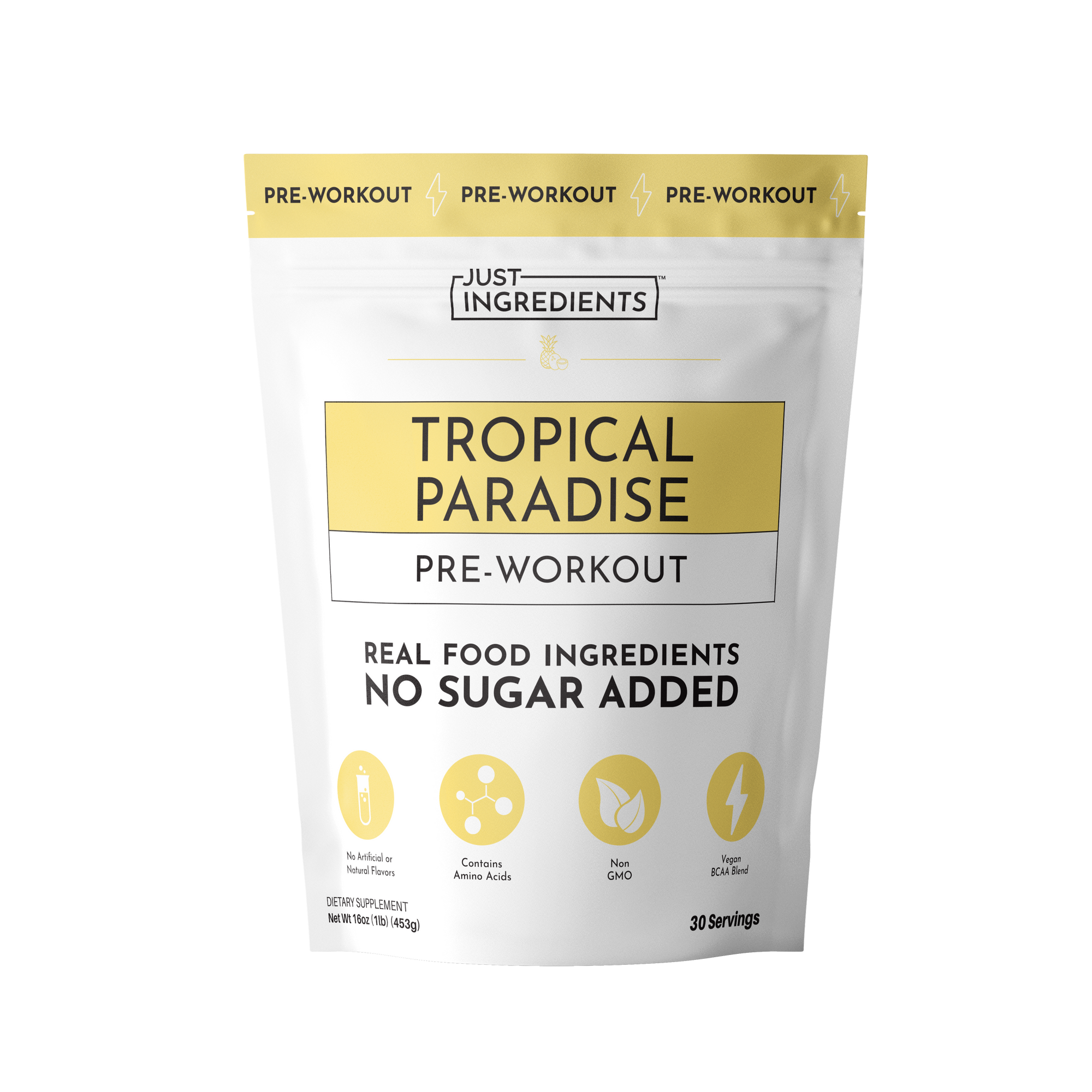 White pouch with gold accents labeled "Tropical Paradise Pre-Workout" by Just Ingredients, highlighting real food ingredients