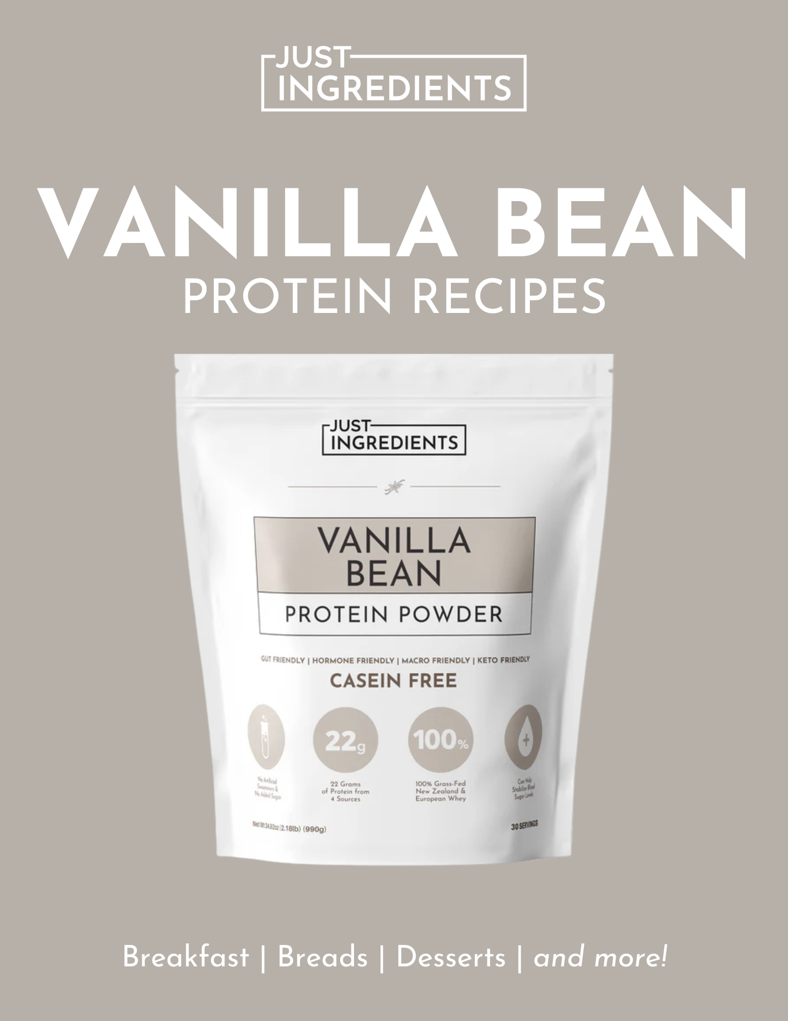 Vanilla bean protein powder package with nutritional information and recipe suggestions.