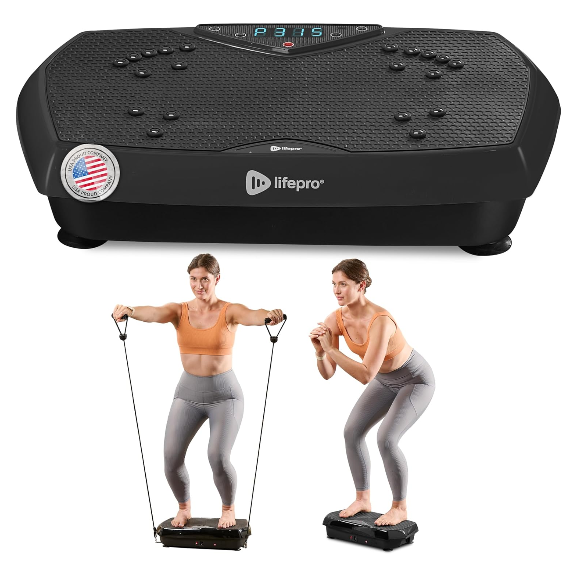 Vibration plate with digital display, featuring a textured surface and resistance bands, shown with a model using it.
