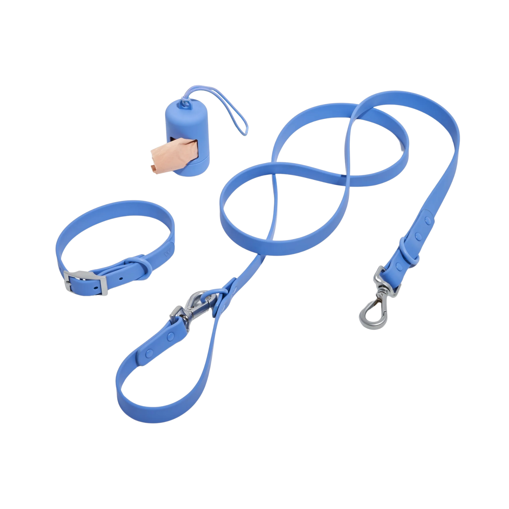 Blue dog collar, leash, and waste bag dispenser included in the walk kit.