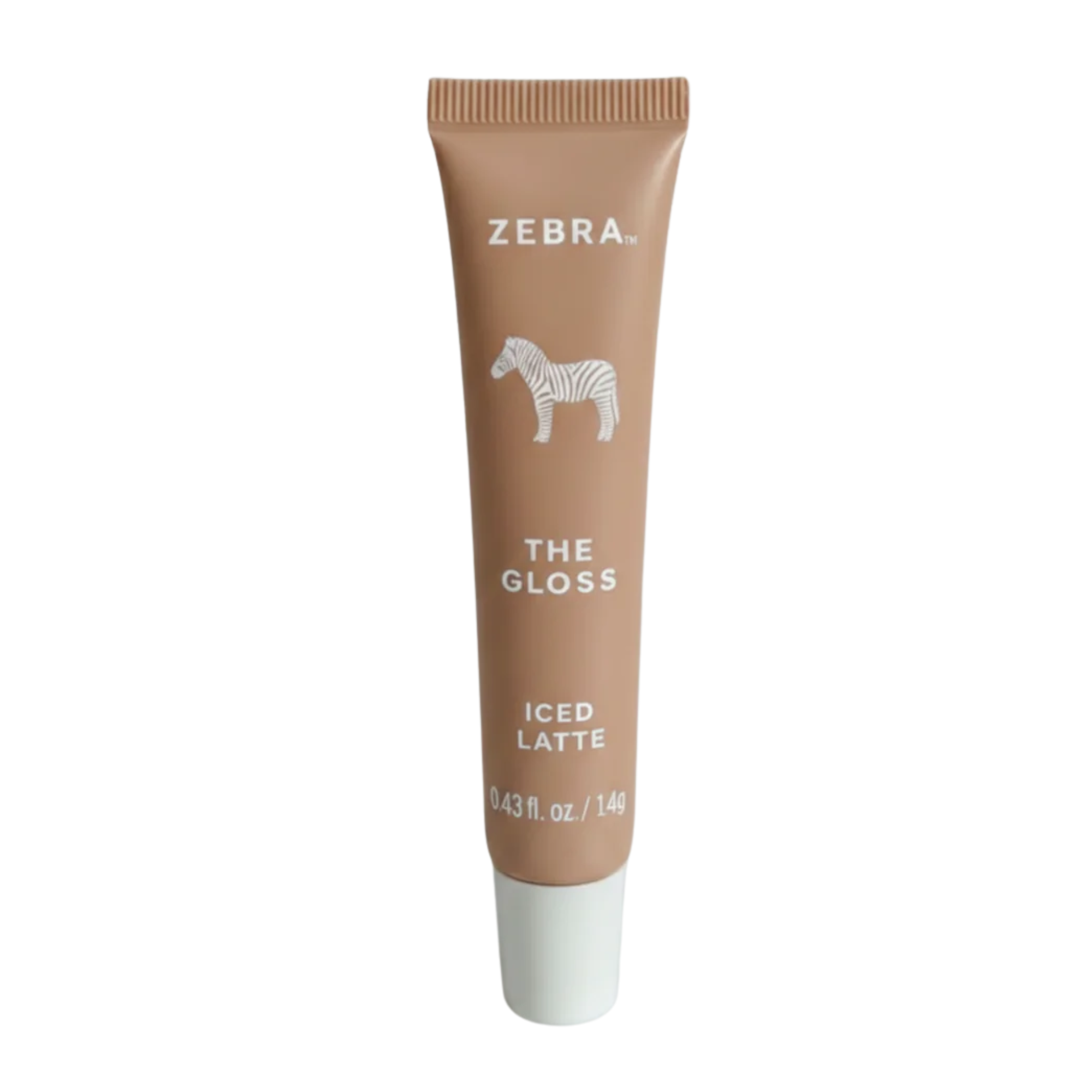 Zebra lip gloss tube labeled 'The Gloss Iced Latte' on a white background