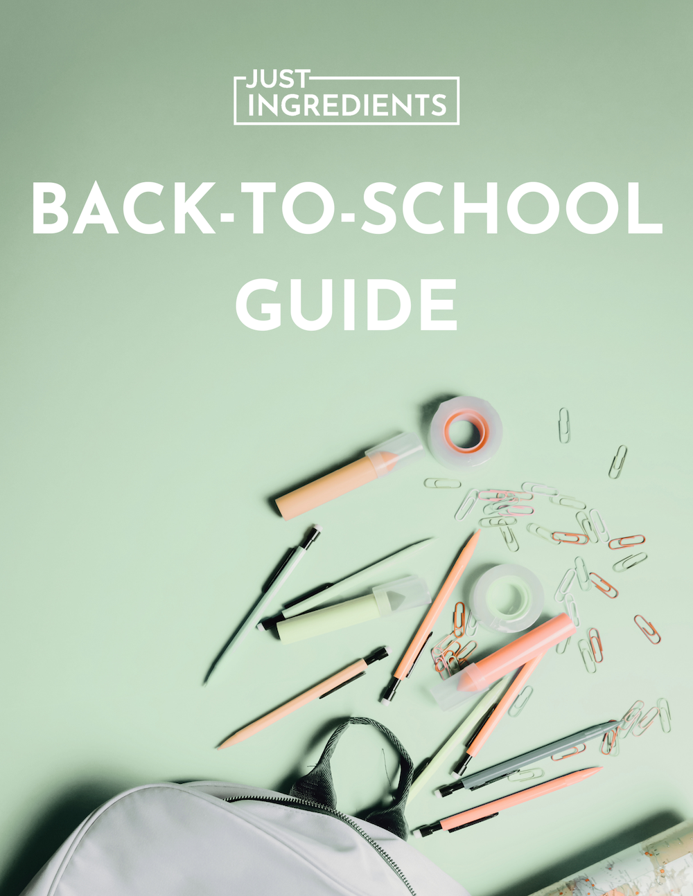 A white backpack with various school supplies scattered on a green background, including pens, tape, and paper clips.