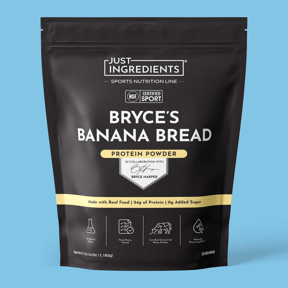 Black Bryce's Banana Bread protein powder bag with yellow accents and visible nutrition panel.