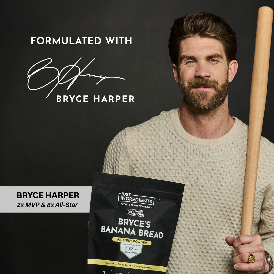 Person seated with Bryce's protein bag and a shaker bottle, holding a thoughtful pose.