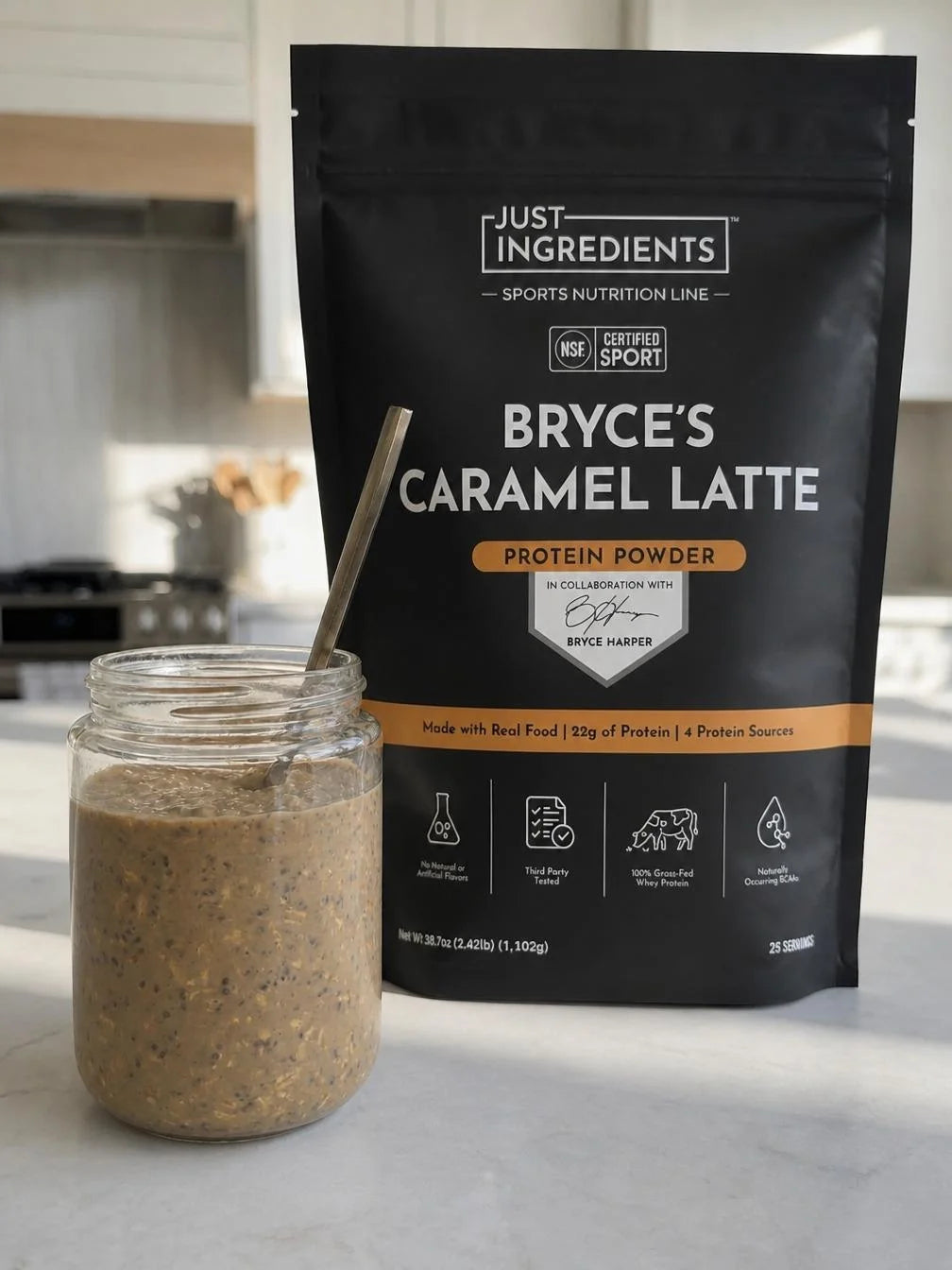 Caramel Latte Overnight Oats made with Bryce's Caramel Latte Protein Powder