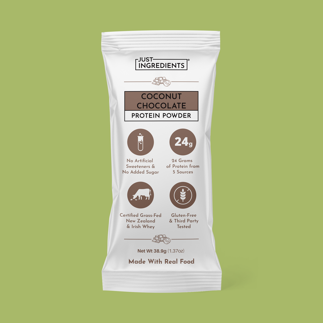 Single-serve Coconut Chocolate protein powder stick packet with nutrition highlights (24g protein, ~160 calories).