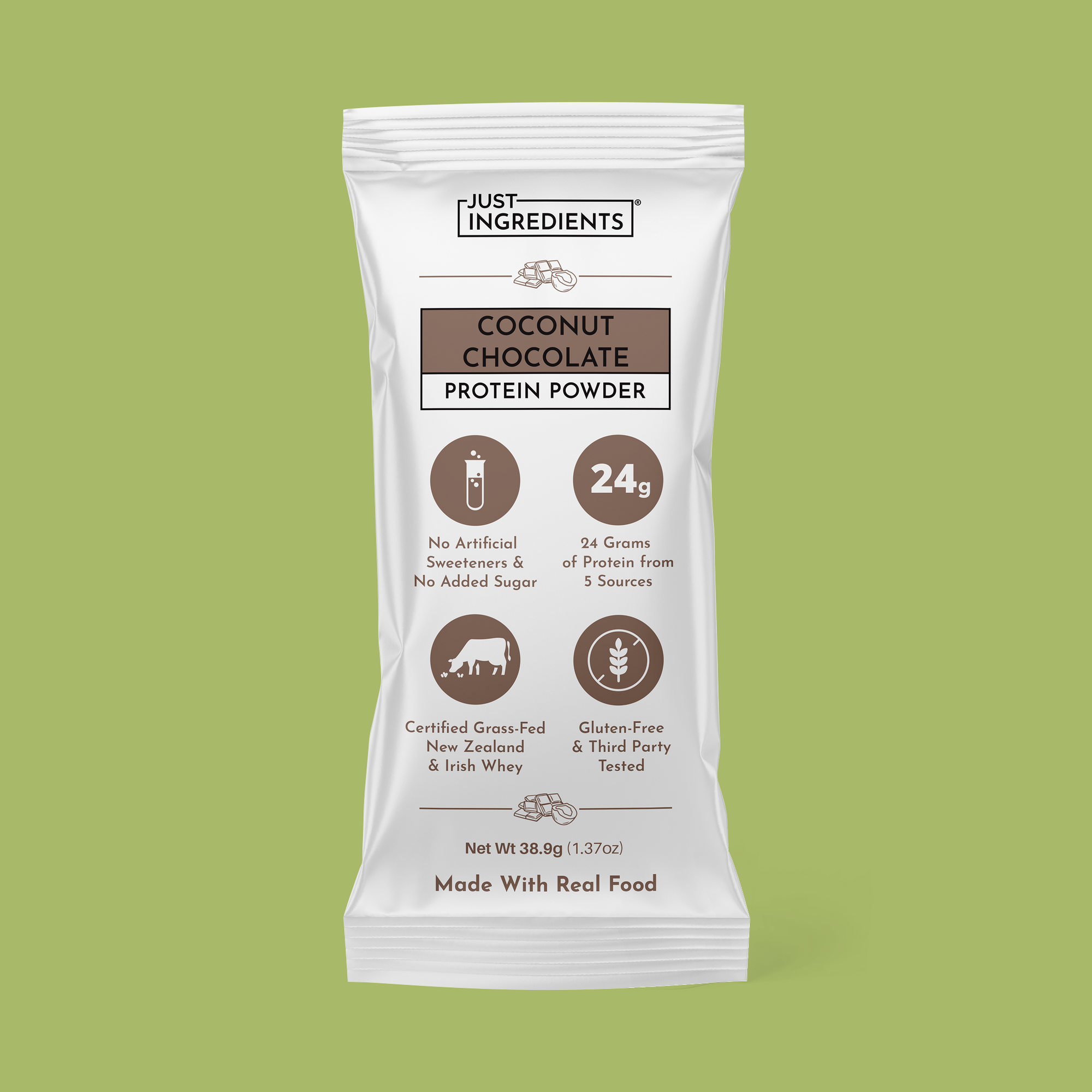 Single-serve Coconut Chocolate protein powder stick packet with nutrition highlights (24g protein, ~160 calories).