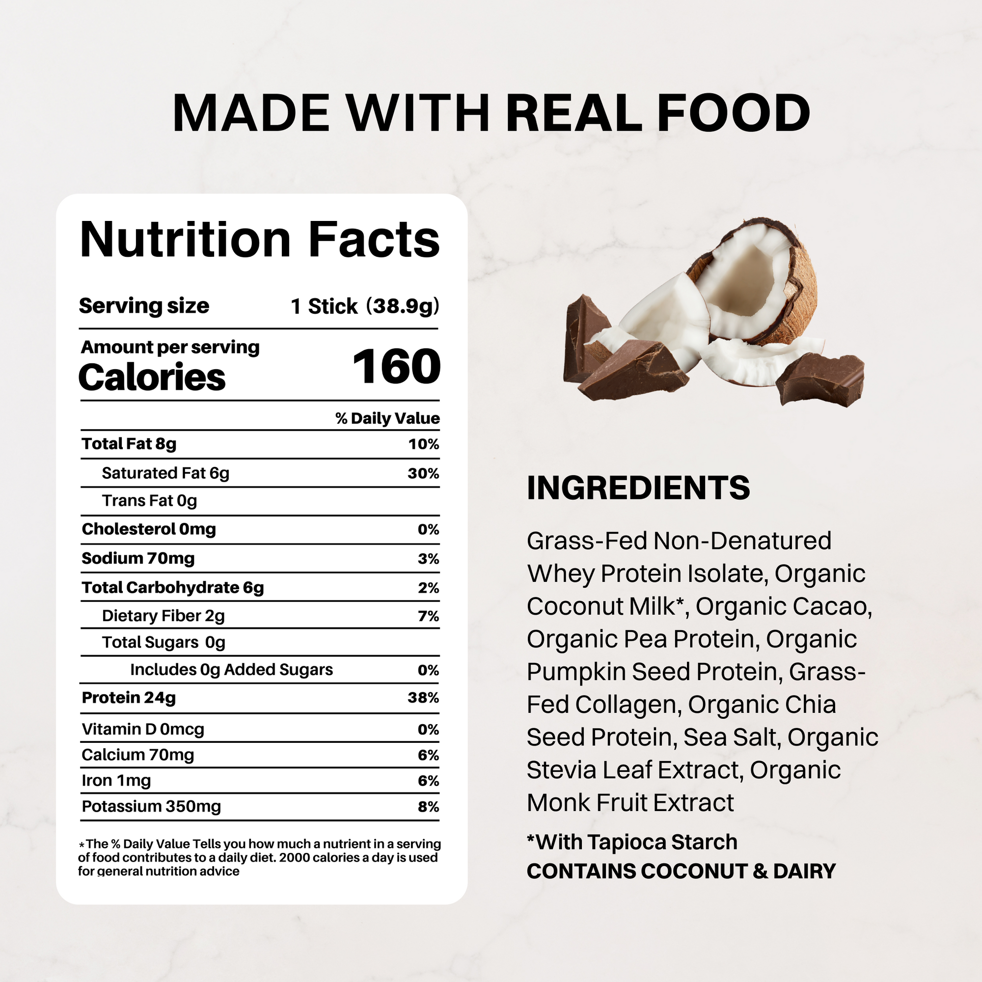 Coconut Chocolate protein stick next to chocolate pieces and a halved coconut.