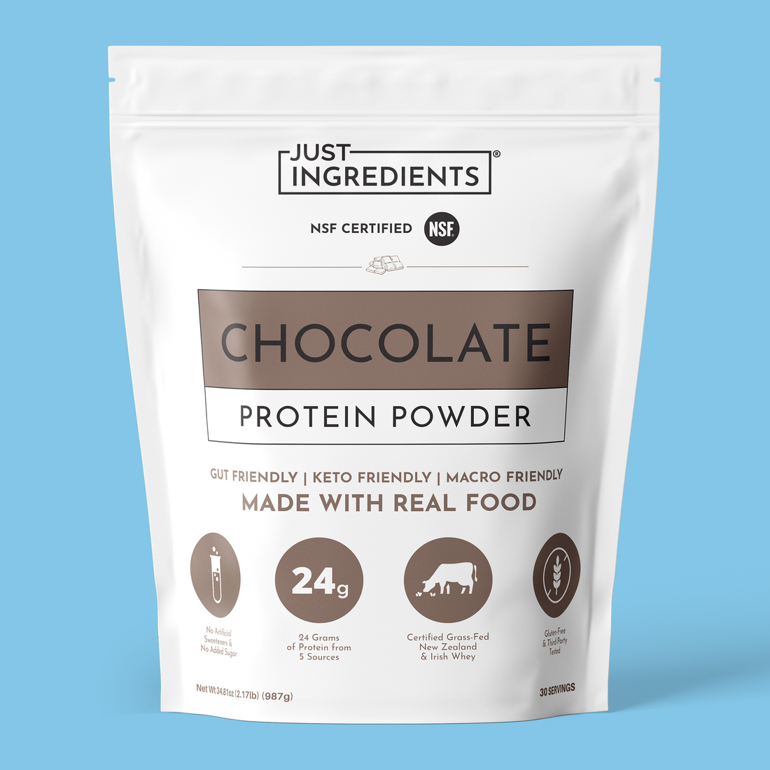 White pouch of chocolate protein powder with front label and nutrition claims.