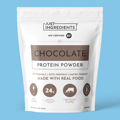 White pouch of chocolate protein powder with front label and nutrition claims.