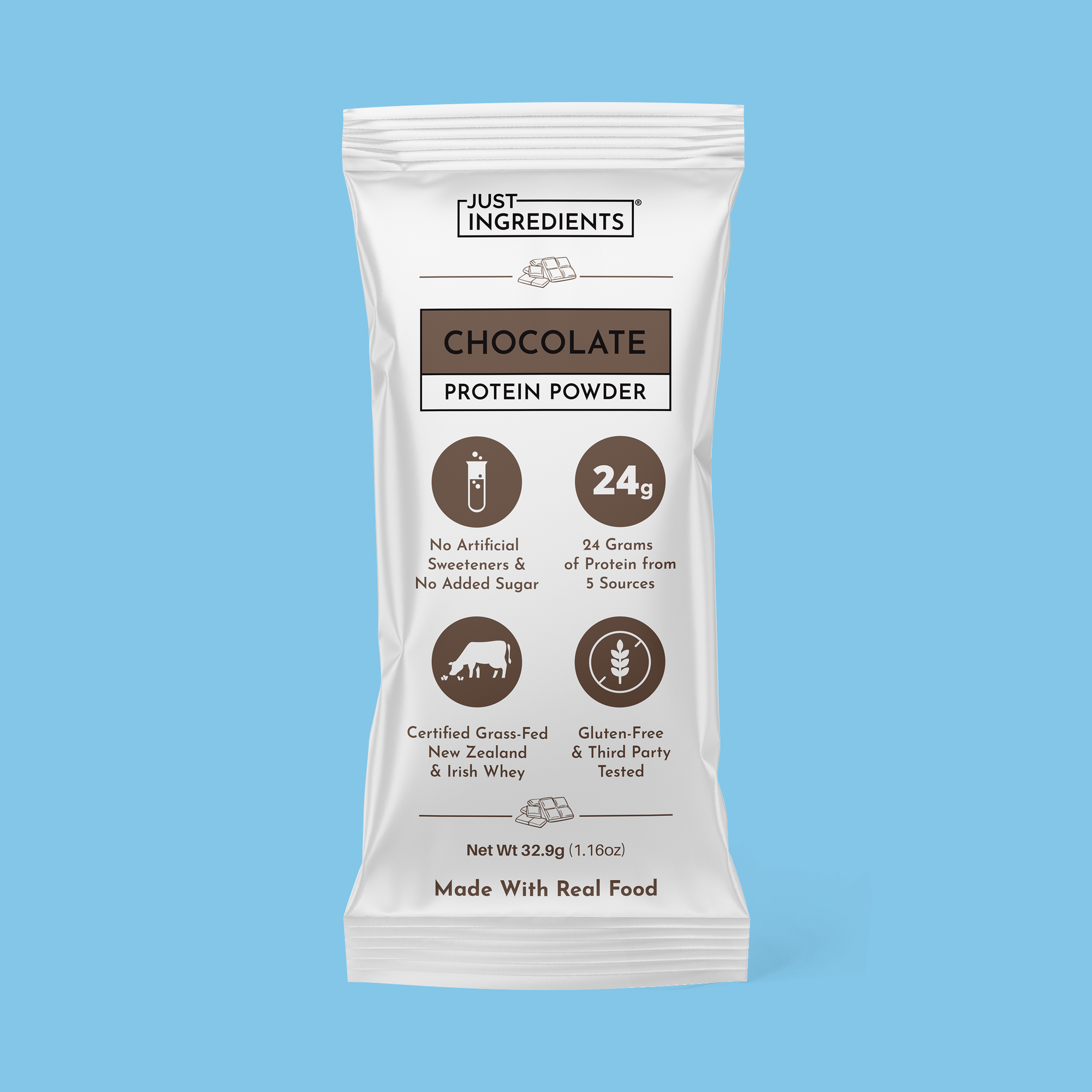 Chocolate protein powder stick pouch showing '24g protein' and '130 calories' on packaging.