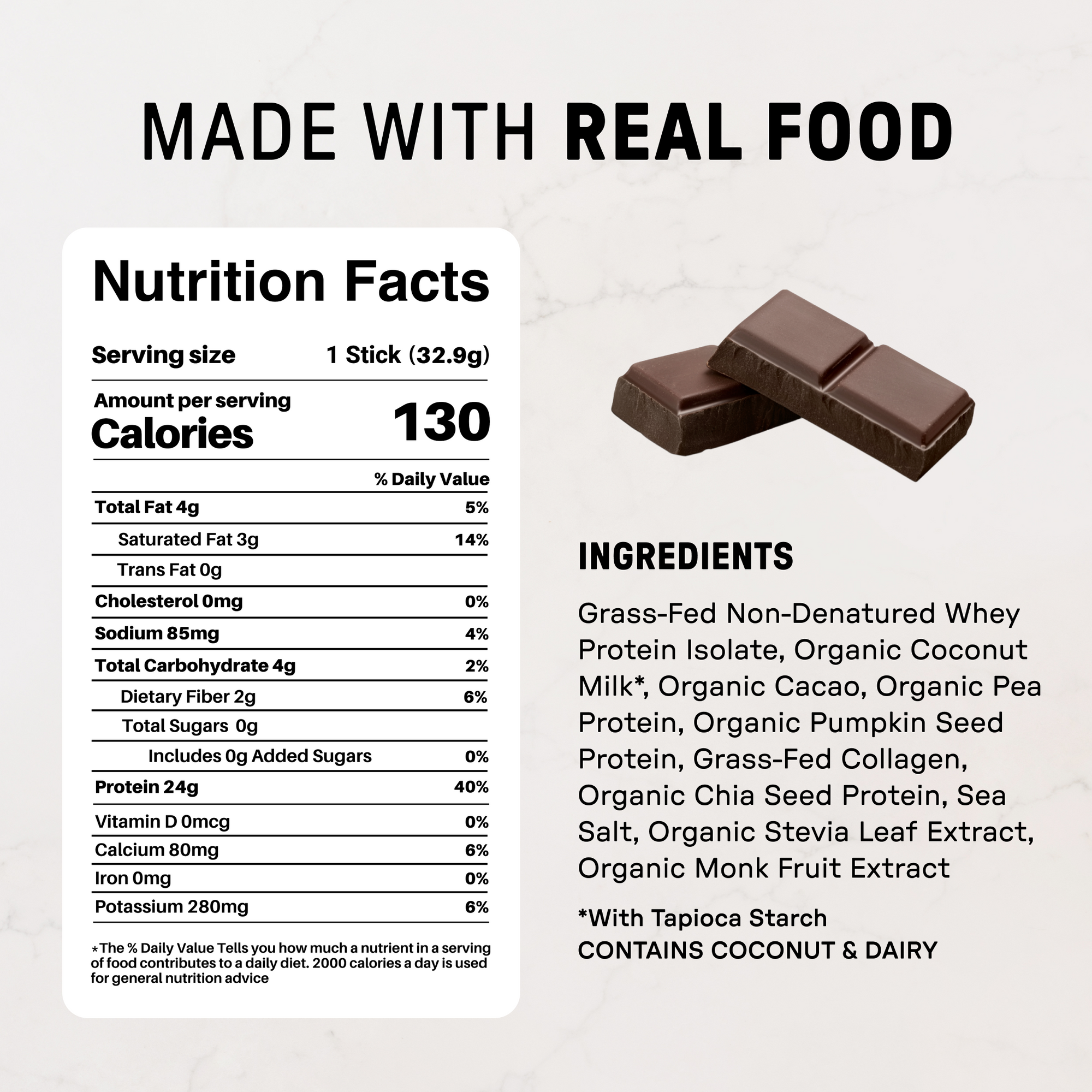 Chocolate Protein Powder - Individual Stick - Nutrition Panel