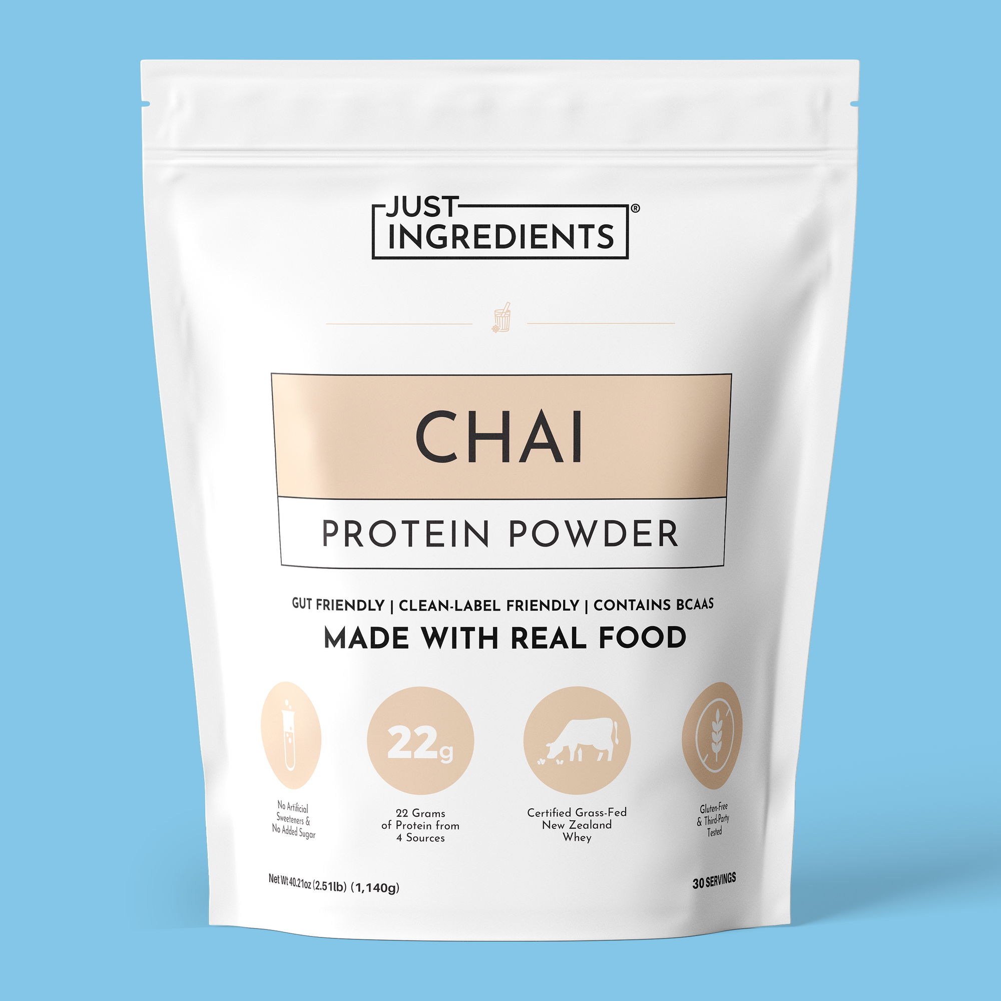 White pouch of Chai Protein Powder front-facing with product name and claims.