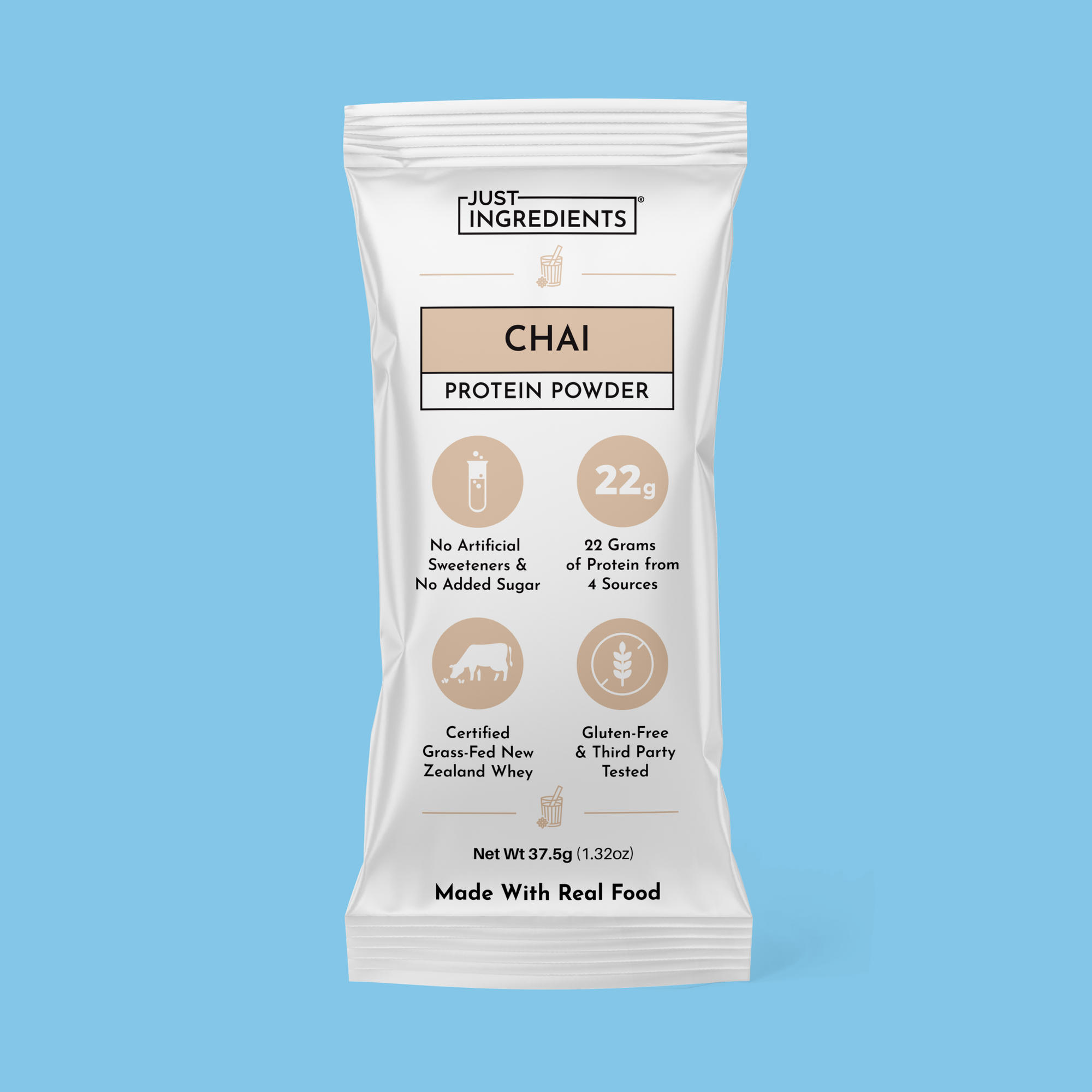Chai protein powder stick sachet and powder, labeled 22g protein and 150 calories per serving.