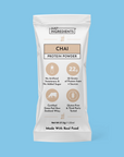 Chai protein powder stick sachet and powder, labeled 22g protein and 150 calories per serving.