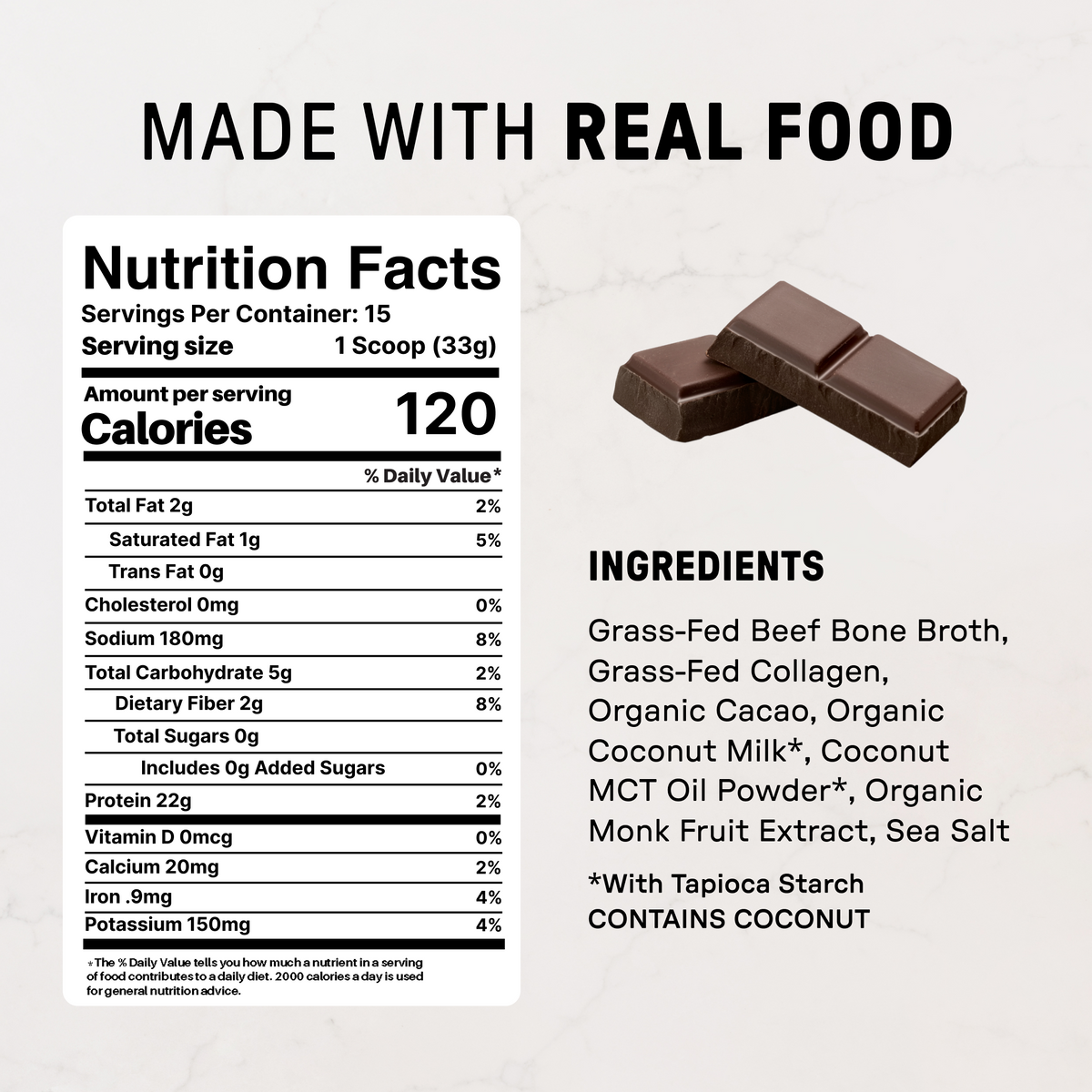 Chocolate Bone Broth Protein Powder - Nutrition Panel