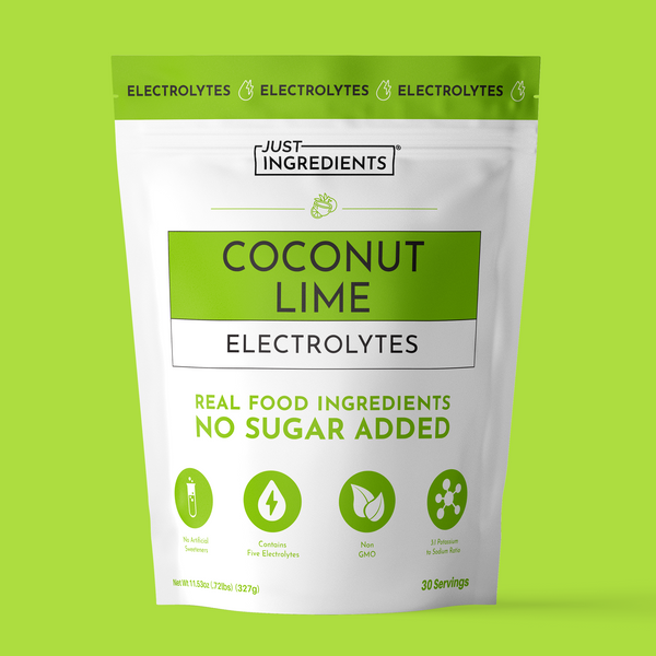 Coconut Lime Electrolytes pouch front, green and white Just Ingredients packaging, 30 servings