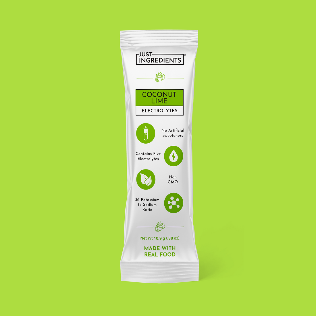 Coconut Lime electrolyte stick packet front showing flavor and nutrition facts.