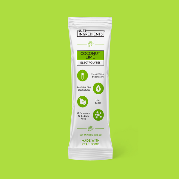 Coconut Lime electrolyte stick packet front showing flavor and nutrition facts.