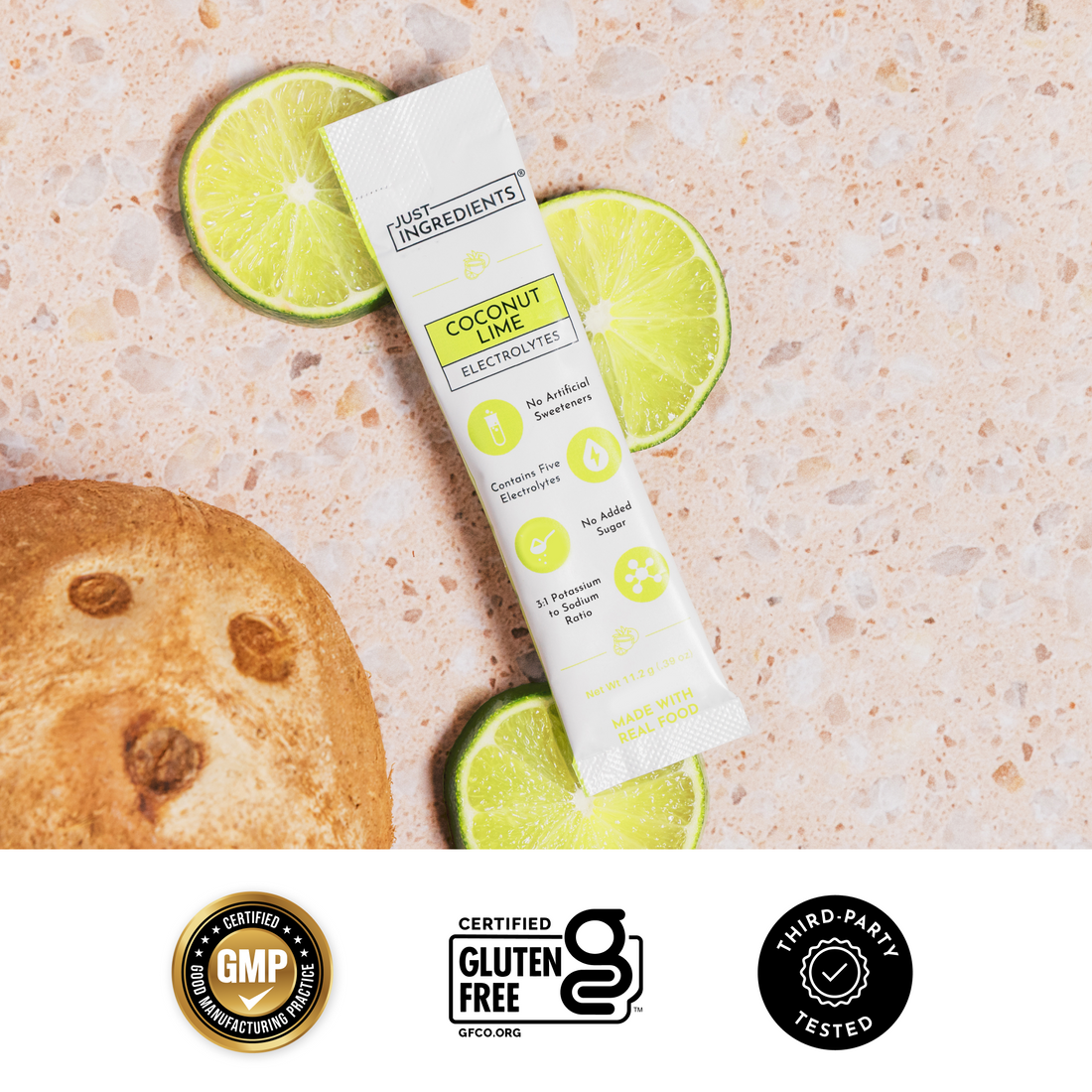 Checklist graphic highlighting real fruit flavor, no added sugar, and no artificial flavors for Coconut Lime.